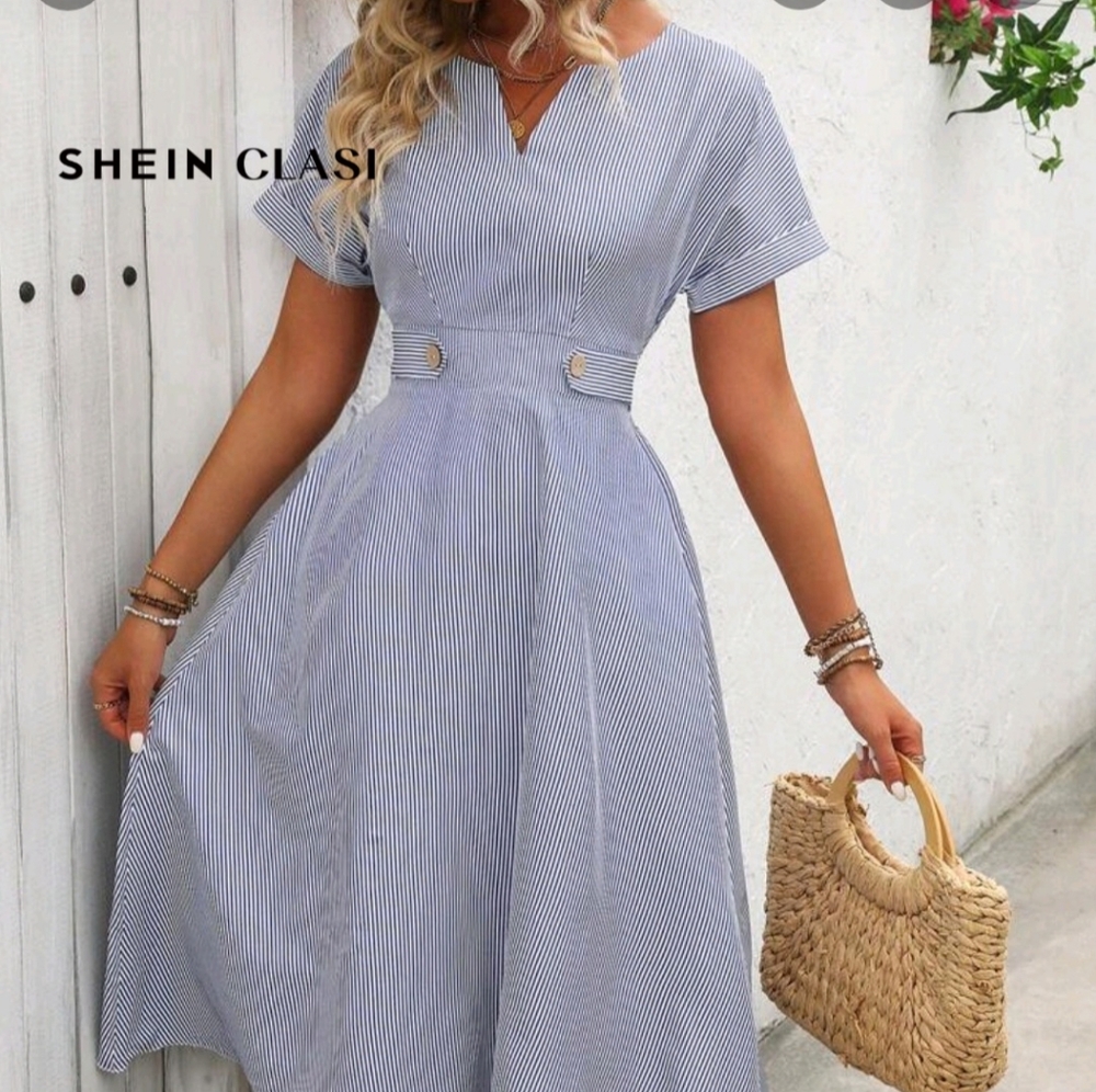 SHEIN Blue Smocked A-Line Midi Dress